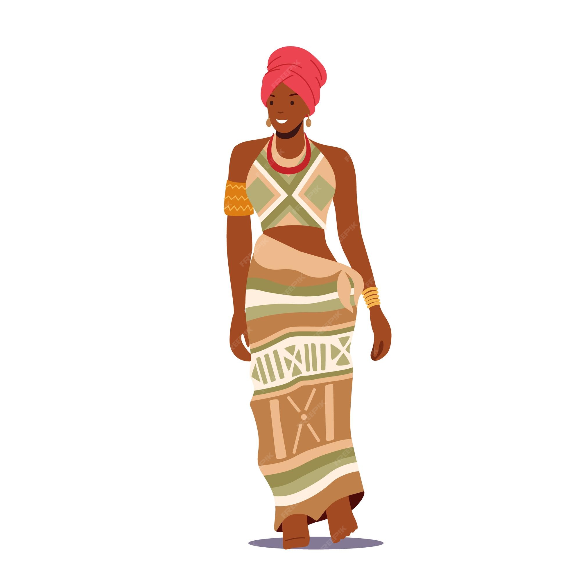 Mujer africana usa ropa tradicional aislado blanco. personaje femenino tribal usa turbante y vestido colorido, niña sonriente con piel oscura. ilustración de vector de de dibujos animados | Vector