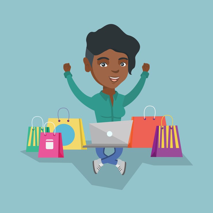 Vector mujer africana usando una computadora portátil para compras en línea