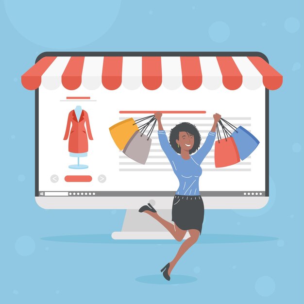 Mujer afro celebrando con comercio electrónico de escritorio