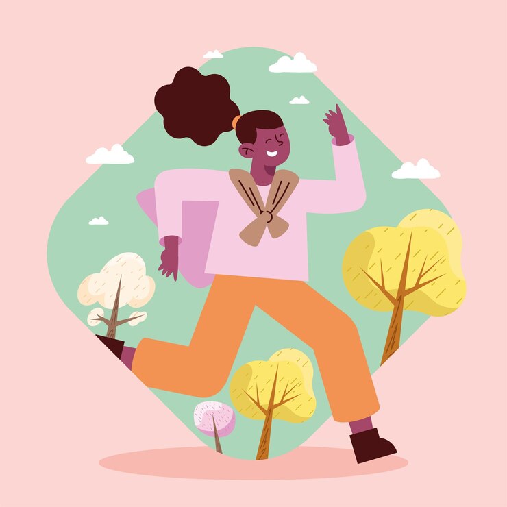 Vector mujer afro corriendo en el bosque