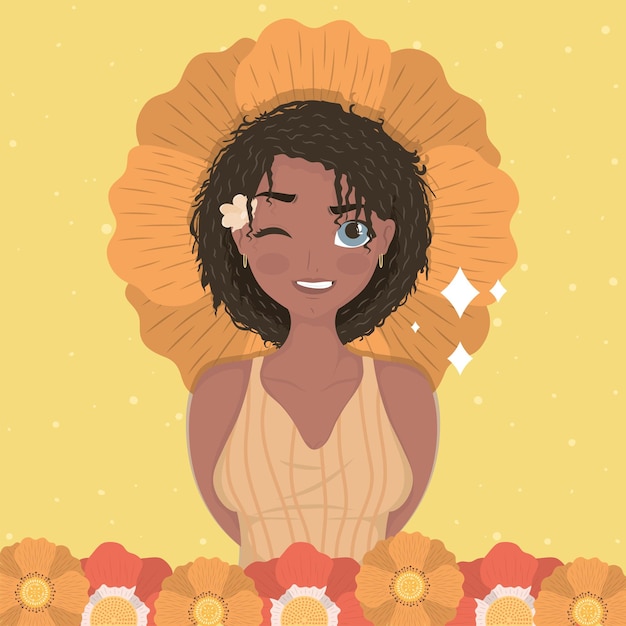 Vector mujer afro con flores día de la mujer