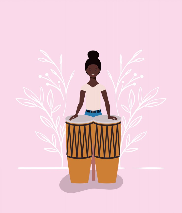 Vector mujer afro jugando personaje bongos