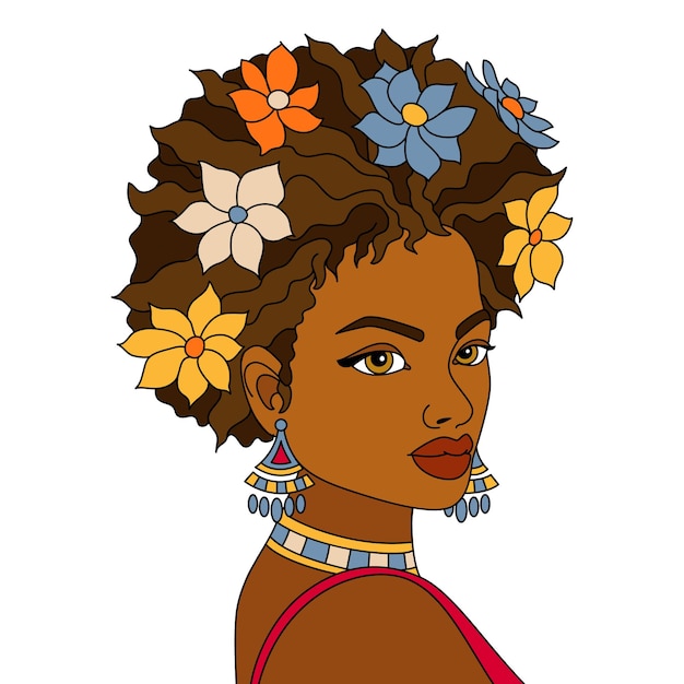 Vector una mujer afro moderna decorando su cabello con algunos adornos de flores coloreando ilustraciones vectoriales