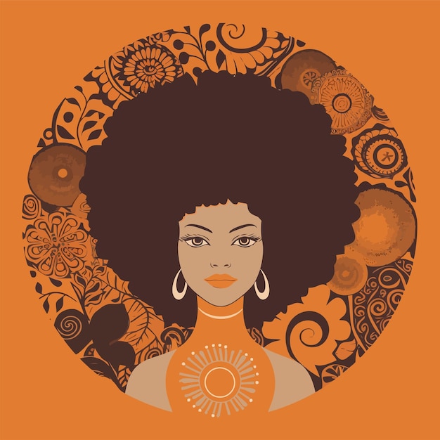 mujer afro negra ilustración vectorial diseño de logotipo de camiseta inspirado en los años 70 diseño vintage de la vieja escuela