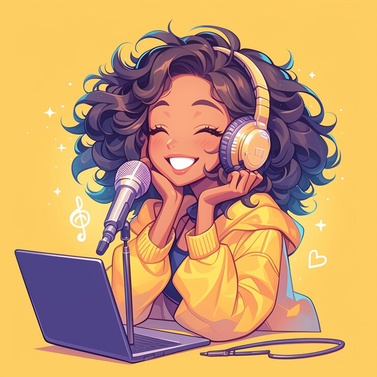 Vector mujer afroamericana de unos 30 años presentando un podcast