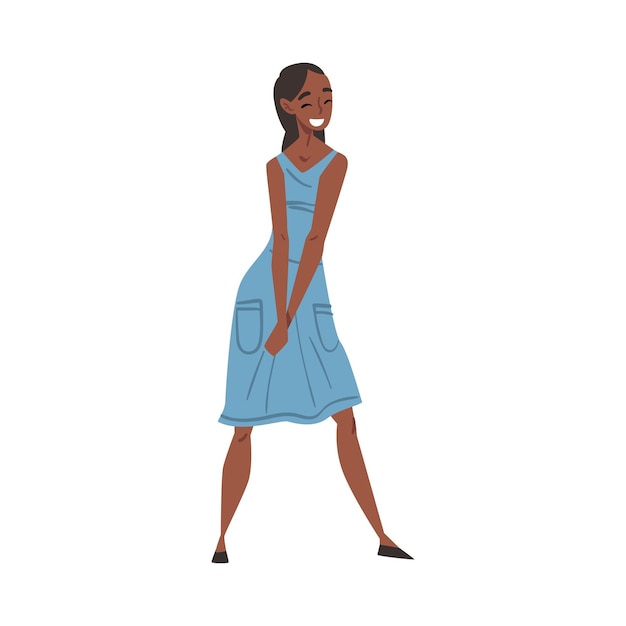 Mujer afroamericana alegre y sonriente personaje de persona feliz con vestido azul claro de dibujos animados