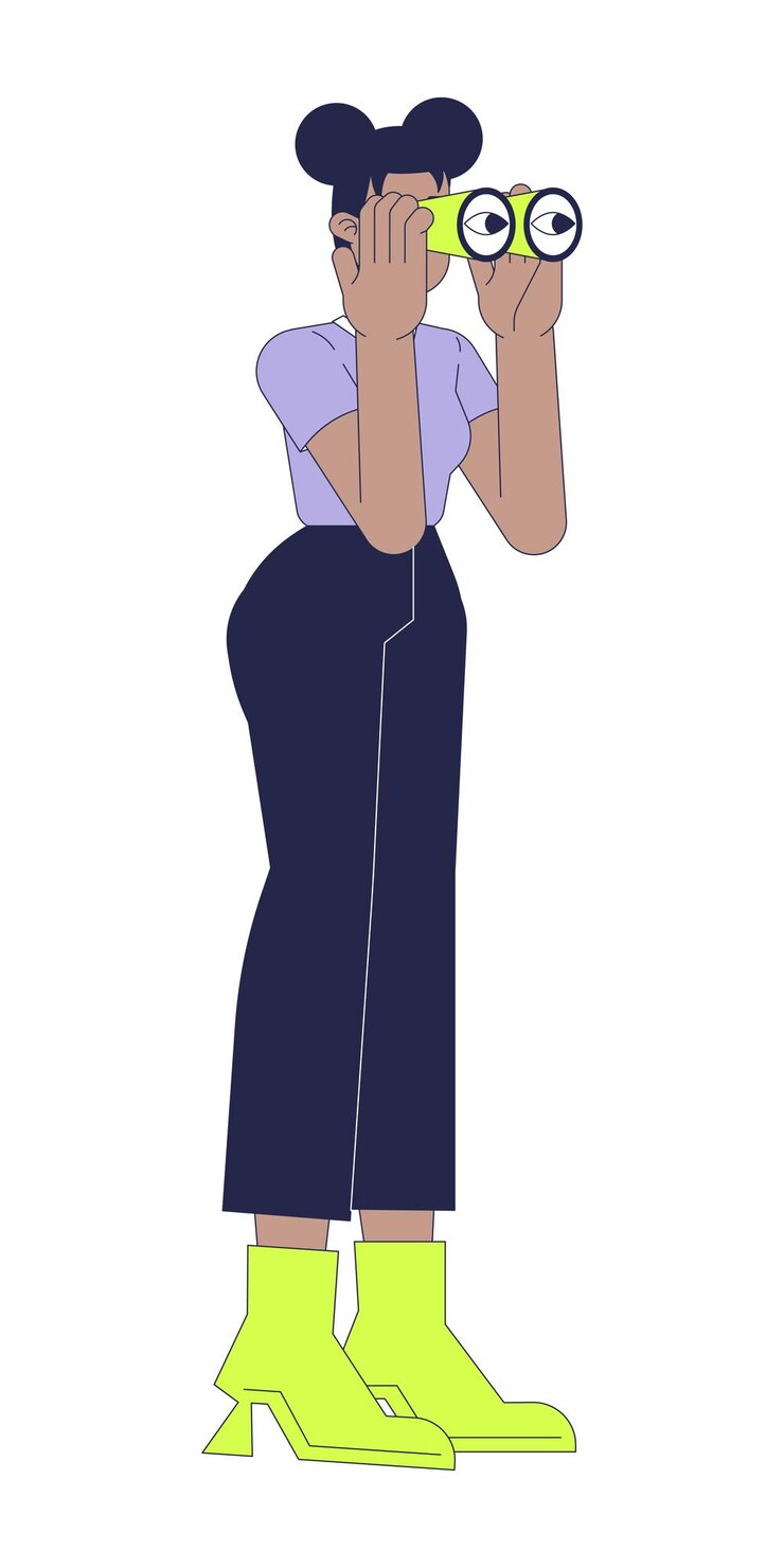 Vector mujer afroamericana con binoculares personaje de dibujos animados lineal 2d