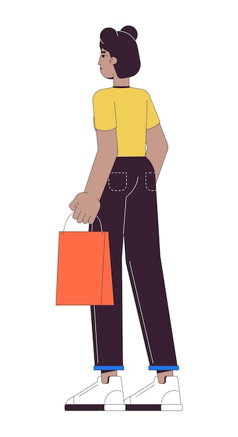 mujer afroamericana con bolsa de compras personaje de dibujos animados lineal 2D