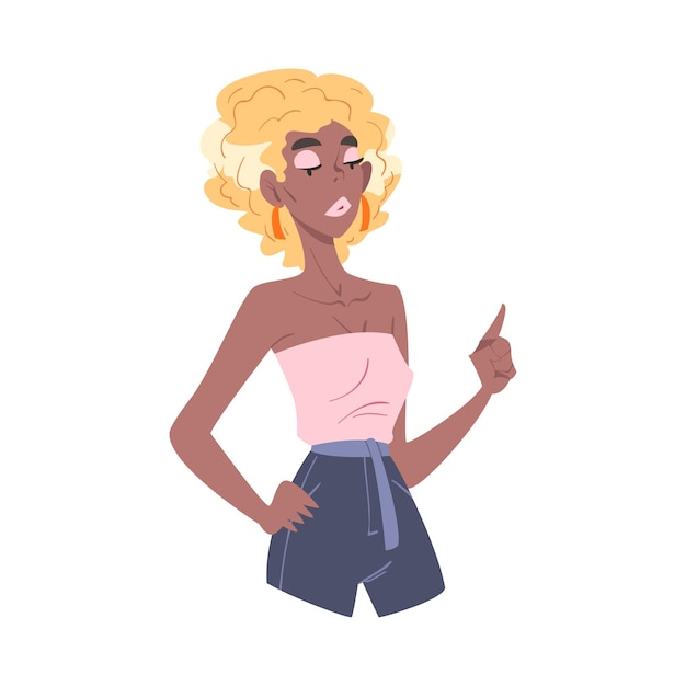Mujer afroamericana bonita con ropa de moda y cabello rubio Ilustración vectorial de estilo de dibujos animados