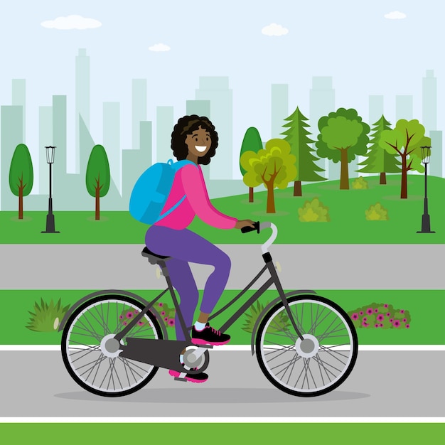 Una mujer afroamericana ciclista montando en el parque ilustración vectorial