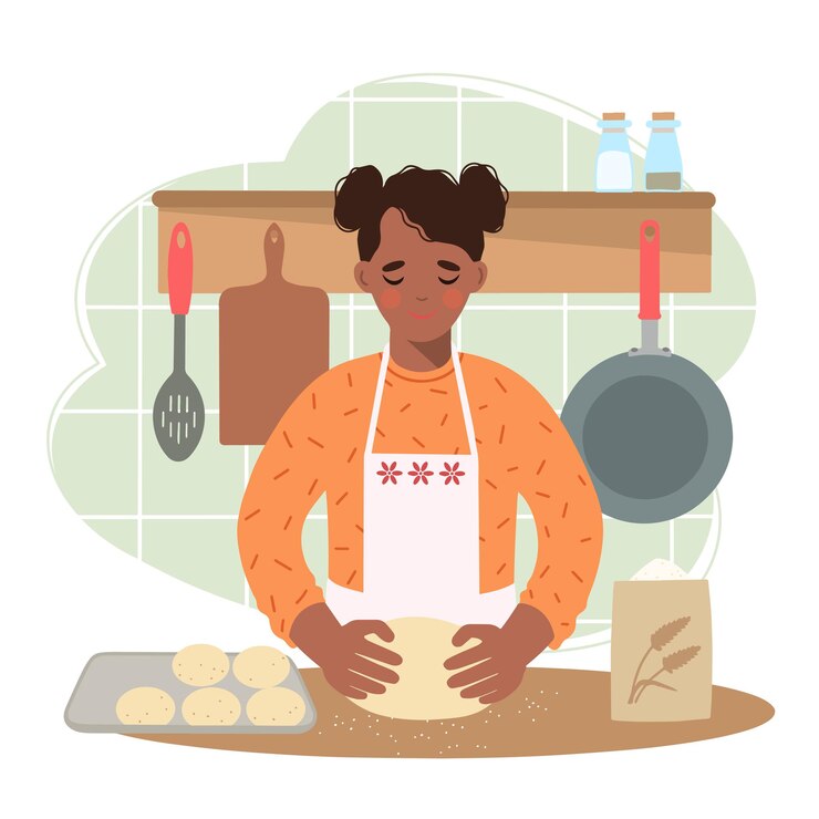 Vector mujer afroamericana en la cocina prepara bollos esponjosos ella tiene la masa en sus manos