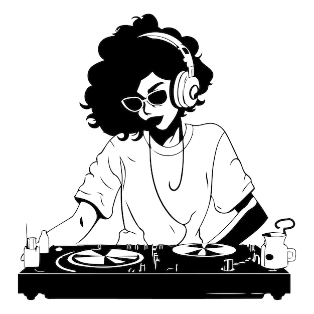 Vector mujer afroamericana dj tocando música en el tocadiscos ilustración vectorial