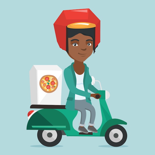 Mujer afroamericana entregando pizza en scooter