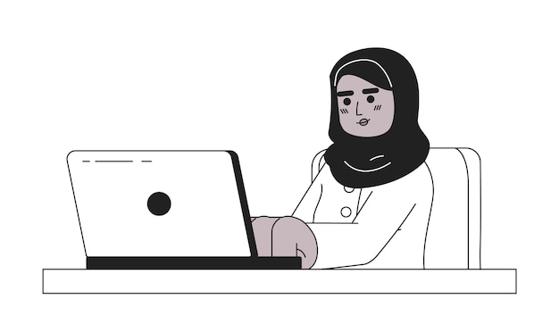Mujer afroamericana hijab empleado remoto personaje de dibujos animados 2D en blanco y negro