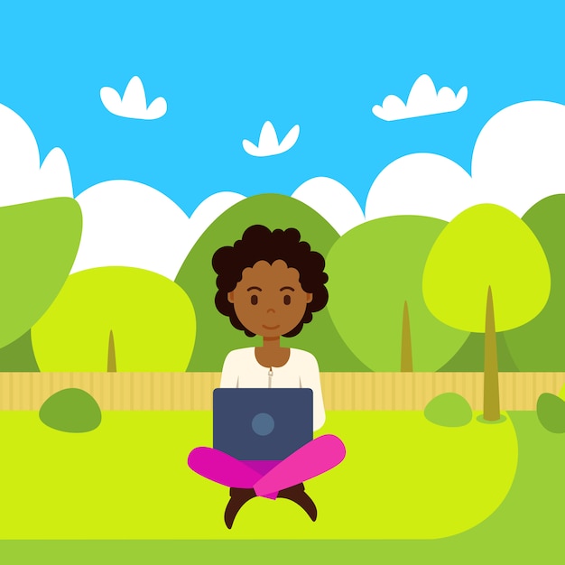 Mujer afroamericana con laptop trabajando al aire libre sobre el paisaje del parque verde plana