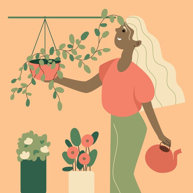 Una mujer afroamericana de pelo gris cuida las plantas. Mujer regando plantas caseras. ilustración vectorial