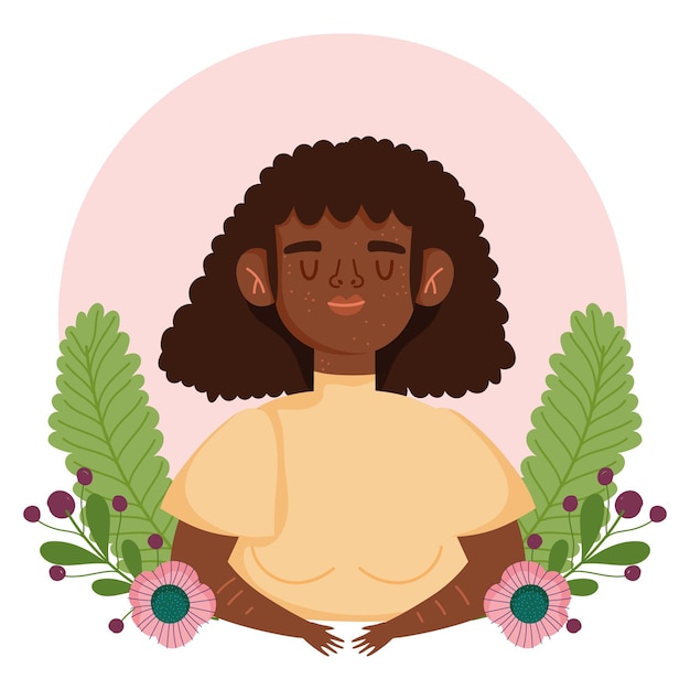 Mujer afroamericana perfectamente imperfecta con pecas flores ilustración de personaje de dibujos animados