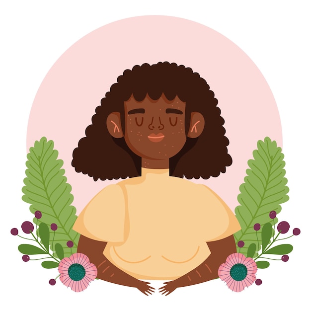 Vector mujer afroamericana perfectamente imperfecta con pecas flores ilustración de personaje de dibujos animados