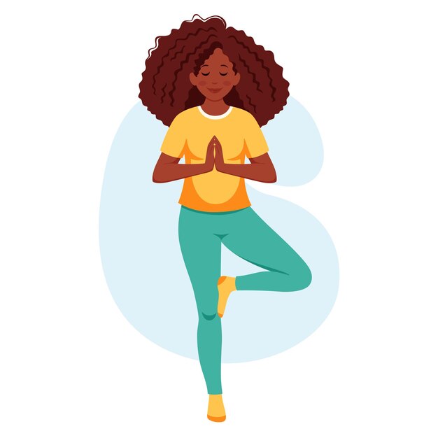 Mujer afroamericana practicando yoga estilo de vida saludable relajarse meditación