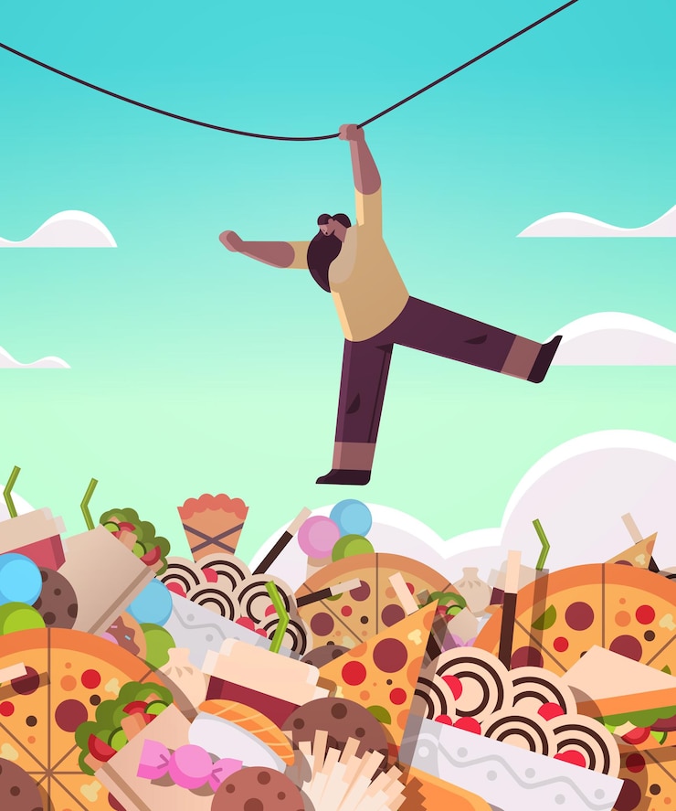Vector mujer afroamericana que cuelga la cuerda por encima de la comida chatarra surtido de comida rápida nutrición malsana adicción a la comida chatarra
