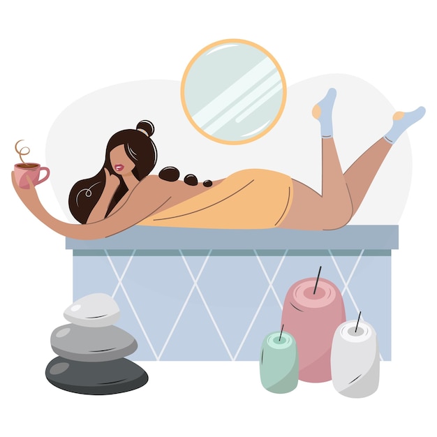 Vector mujer afroamericana se relaja en una sauna con una taza de café