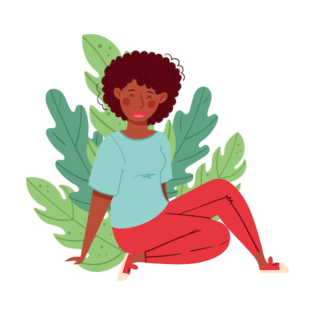 Mujer afroamericana sentada en el suelo con las piernas plegadas apoyándose en el brazo Ilustración vectorial