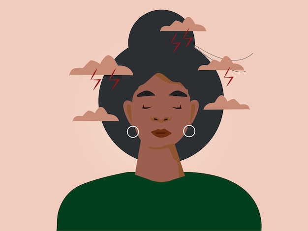 La mujer afroamericana siente ansiedad y estrés emocional La niña negra deprimida experimenta problemas de salud mental Concepto de problema psicológico Ilustración vectorial