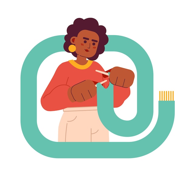 Mujer afroamericana tejiendo bufanda larga concepto plano vector punto ilustración Hobby creativo dama adulta personaje de dibujos animados 2D en blanco para diseño de interfaz de usuario web Imagen de héroe creativo editable aislado