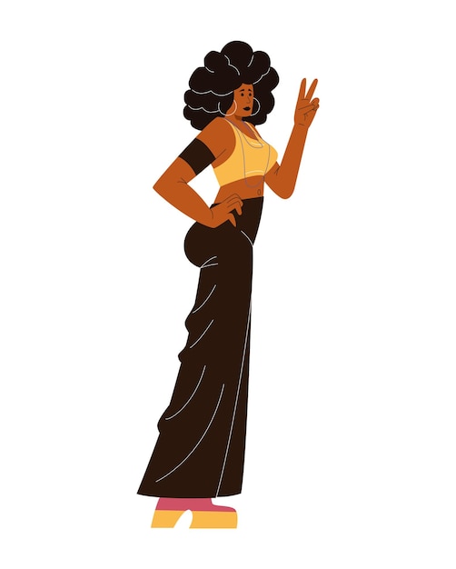 Mujer afroamericana en el traje de los años 70 mostrando el signo de la paz Gente de los años 70 aislada en blanco