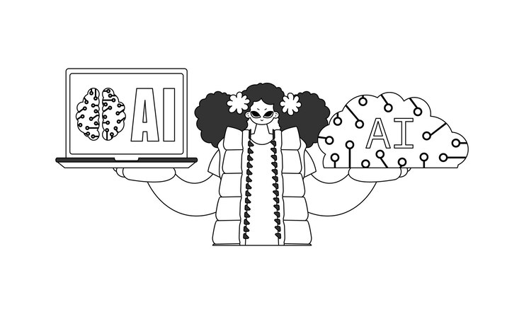 Vector mujer agarrando la construcción de ia usando forma vectorial de diseño lineal