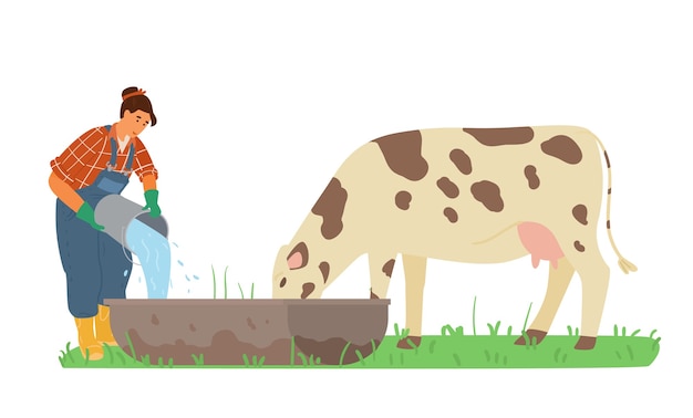 Mujer agricultor trabajando vierte agua a la ilustración de la vaca.