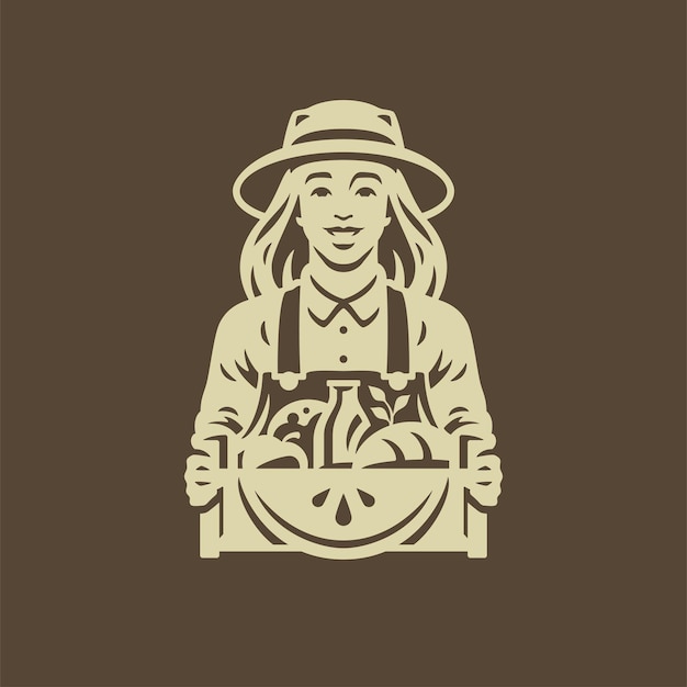 Mujer agricultora con cajón lleno de comida orgánica de granja y bebida agricultura producto fresco icono vector