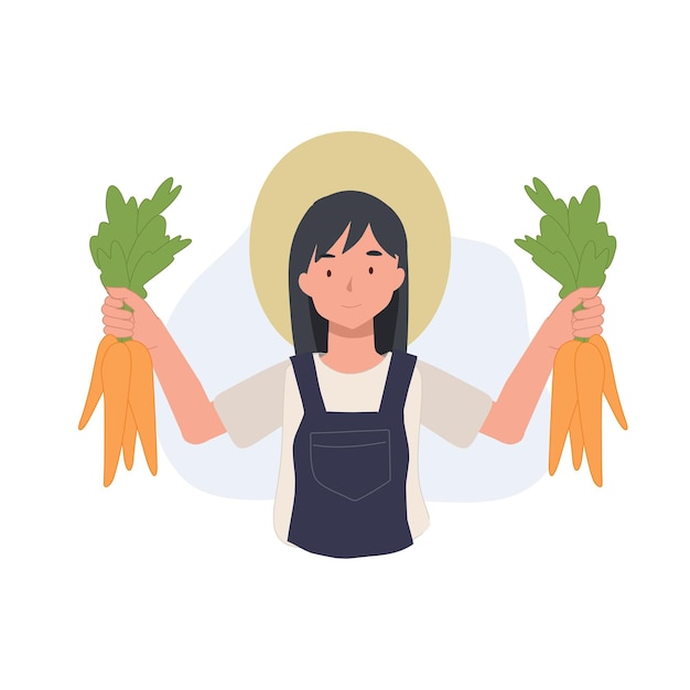 Mujer agricultora cosechando verduras de zanahoriarecogiendo zanahoriarecogiendo verduras sosteniendo zanahorias en ambas manos ilustración de personaje de dibujos animados de vector plano