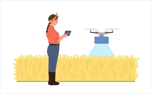 Mujer agricultora que utiliza un sistema de drones controlados a distancia para regar el campo Ilustración vectorial de la escena de dibujos animados