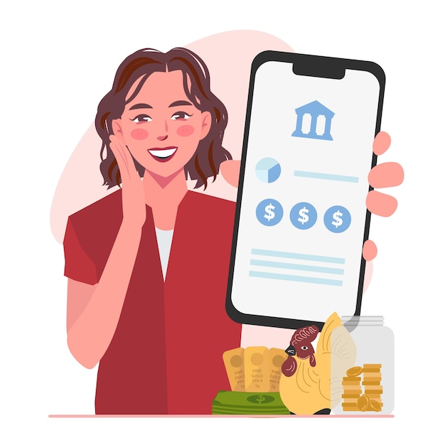 mujer ahorra dinero ilustración de banca móvil