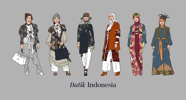 Mujer aislada hijab desfile de modas ilustración dibujada a mano modelos vestidos con traje de batik
