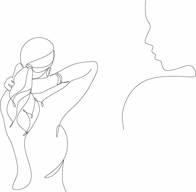 Mujer ajustando el cabello y el perfil en el arte de la línea simple