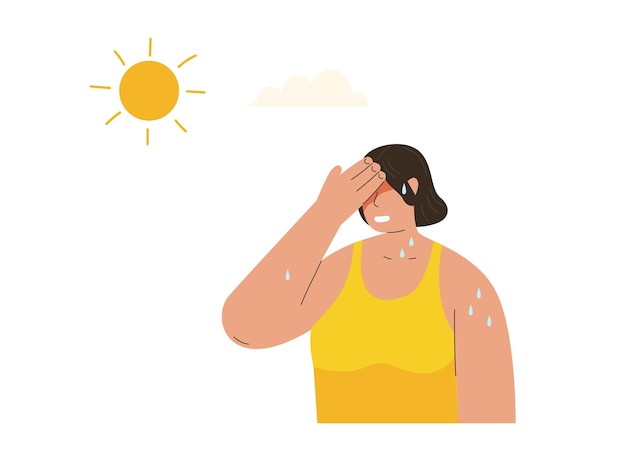 Mujer al aire libre con luz solar caliente alta temperatura corporal piel roja deshidratación