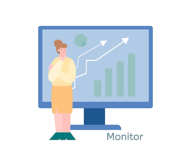 La mujer se para al lado de una enorme ilustración de vector de dibujos animados de monitor de computadora aislada
