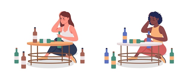 Mujer con alcoholismo juego de caracteres de vector de color semi plano. Figura sentada. Gente de cuerpo entero en blanco. Ilustración de estilo de dibujos animados moderno aislado mal hábito para diseño gráfico y colección de animación