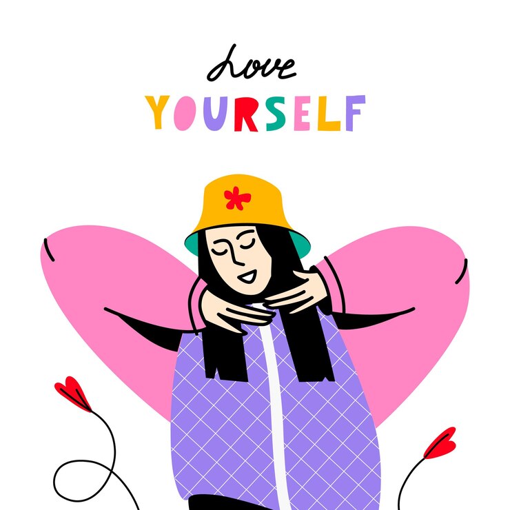 Vector mujer alegre con burbuja de habla amarse a sí mismo letras dibujadas a mano ilustración plana vectorial