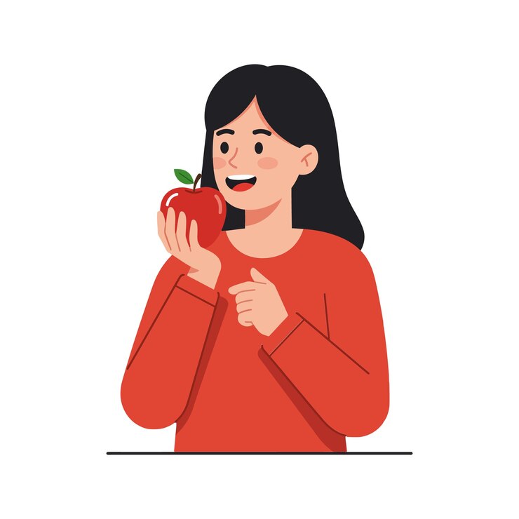Una mujer alegre con el cabello largo y negro con un suéter rojo sosteniendo una manzana roja brillante en una ilustración vectorial minimalista