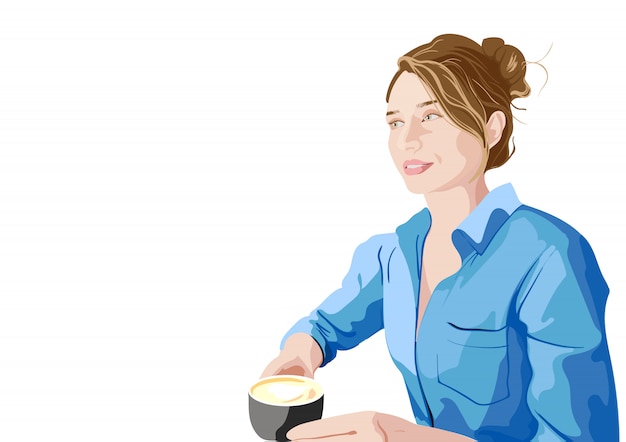 Vector mujer alegre en camisa azul disfrutando de una taza de café