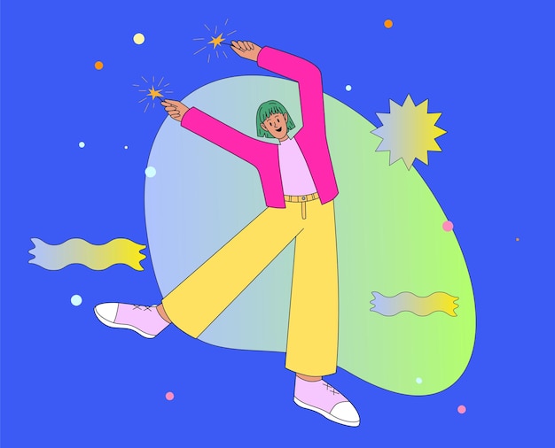 Mujer alegre con chispas en las manos Ilustración vectorial