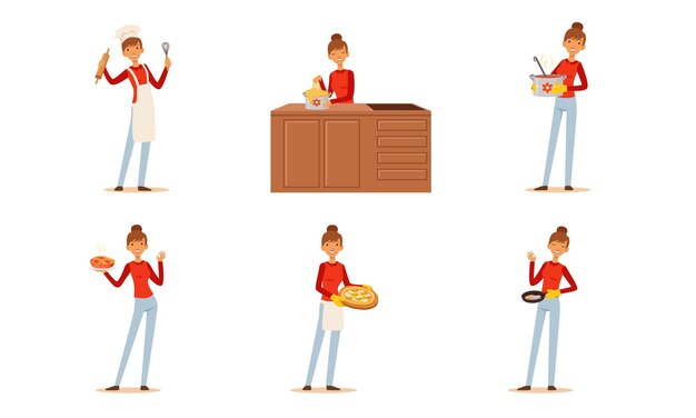 Mujer alegre cocinando y horneando en casa Colección ama de casa preparando comida en la cocina Ilustración vectorial