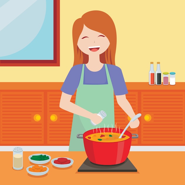 Mujer alegre cocinando ilustración