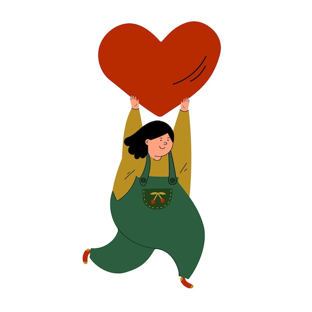 Mujer alegre corriendo con un corazón gigante
