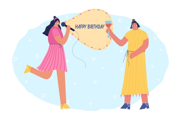 Mujer alegre desea feliz cumpleaños. canta una canción navideña para su novia. ilustración.