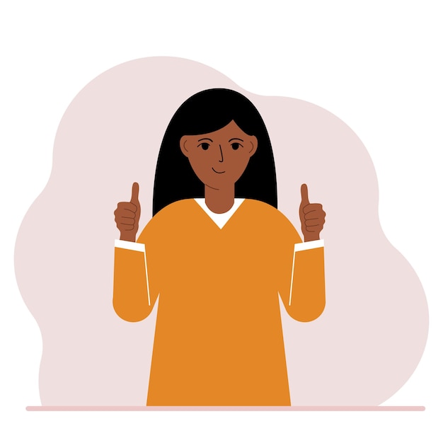 Vector mujer alegre, con dos manos muestra un pulgar hacia arriba señal de que todo está bien. hacer, consentimiento, aprobación, éxito. ilustración vectorial plana