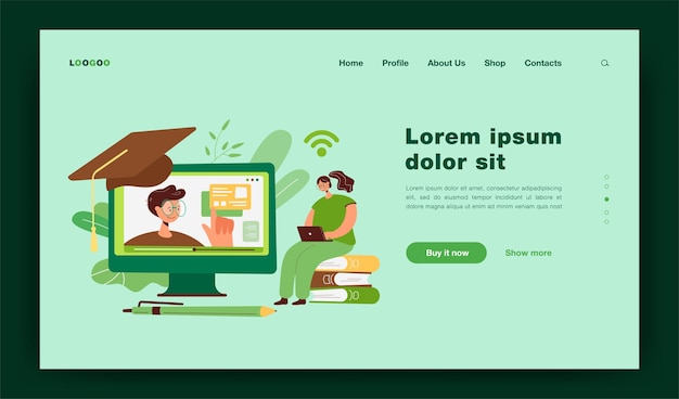 Mujer alegre estudiando en internet, viendo seminarios web en la computadora, tomando un curso en línea. Ilustración para el conocimiento, la educación, la página de inicio del concepto de aprendizaje a distancia